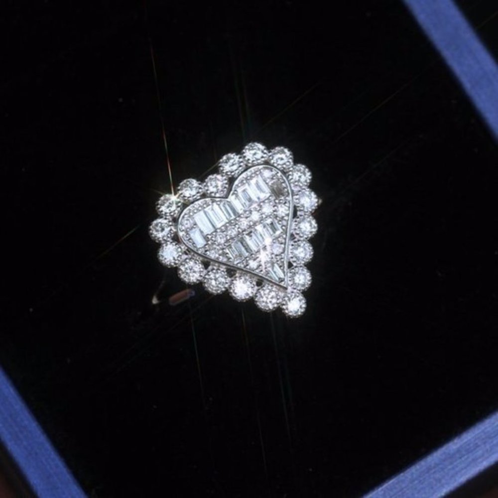 New 925  Silver Baguette Heart Diamond Ring - Picture 4 of 5